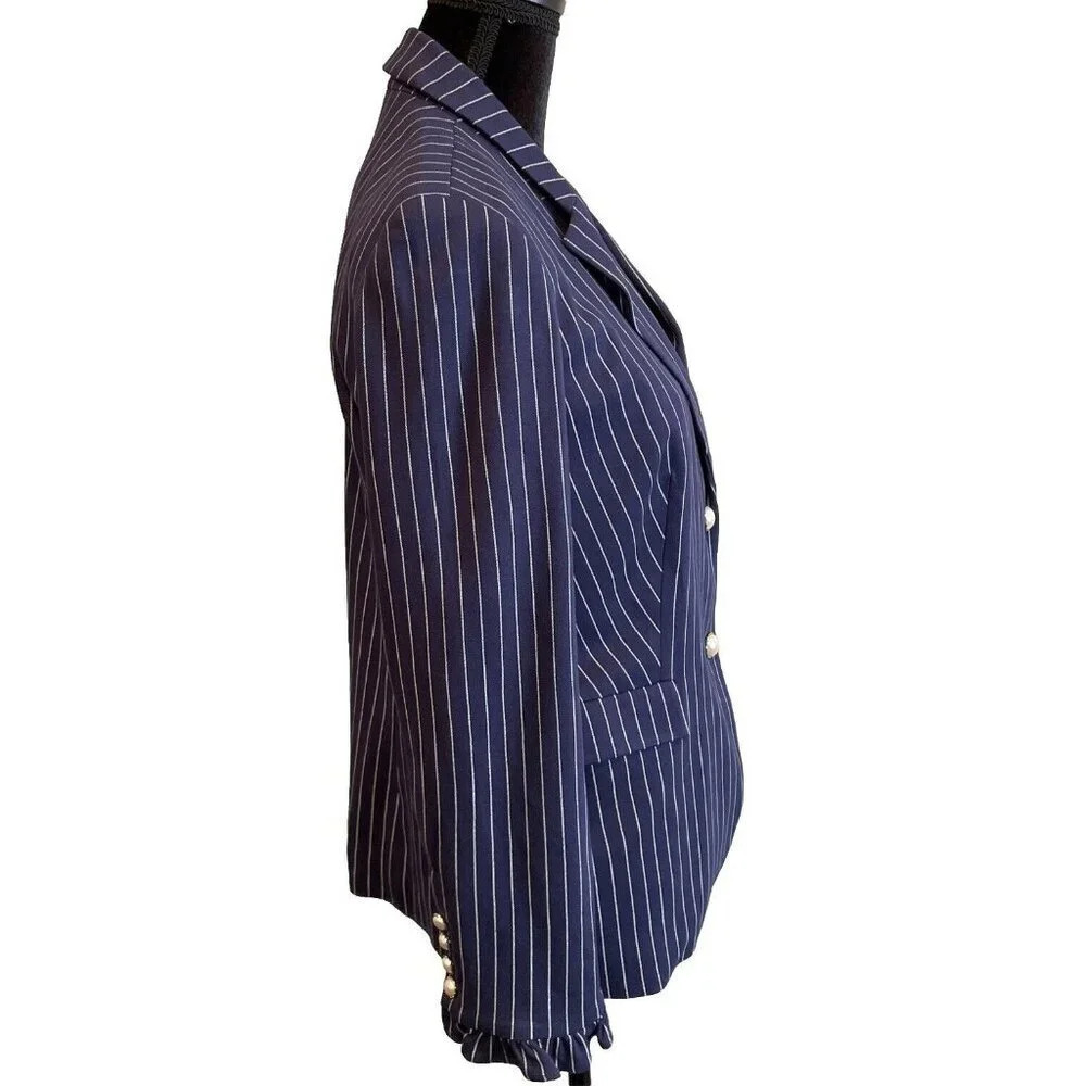 Chicos Women’s‎ 1 US 8/10 Blazer Jacket Blue White Stripe Faux Pearl Buttons - Picture 4 of 11